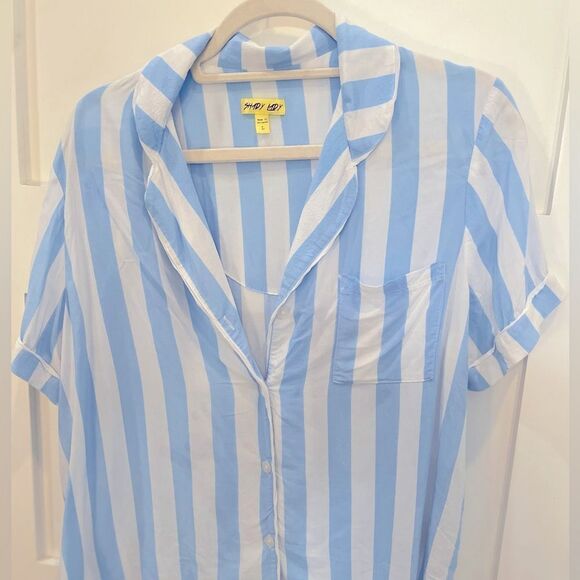 NWOT SHADY LADY SHORT SLEEVE PAJAMA/ LOUNGE TOP BLUE/WHITE STRIPES SIZE LARGE - Picture 11 of 16